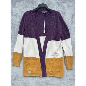 Simply Southern Women's Striped Cardigan Sweater Small Purple Gold White